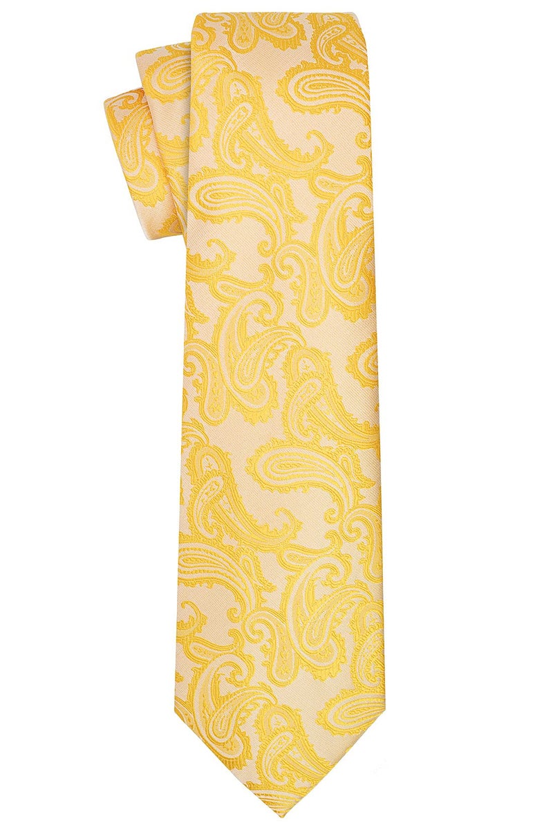 KissTies Yellow Tie Set Wedding Ties Paisley Necktie + Pocket Square - Image 3